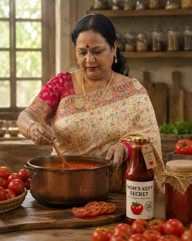 Mom making tomato ketchup with her hands